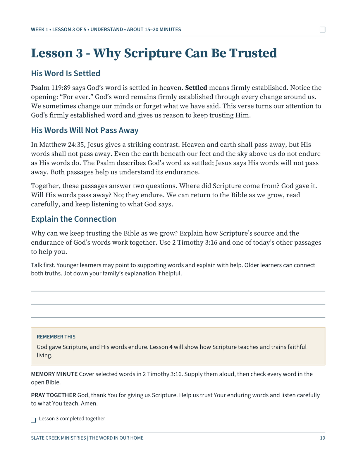 A printed worksheet page titled 'Lesson 3 - Why Scripture Can Be Trusted' with Bible verses, explanatory text, a 'Remember This' section, a 'Memory Minute' activity, and a 'Pray Together' prompt. The page is white with black text and small colored callout shapes.