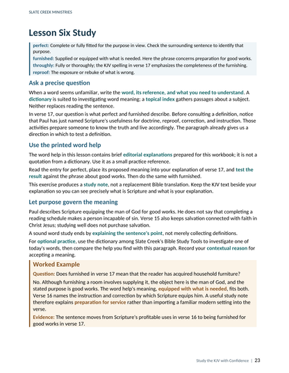 Actual Lesson Six teaching page: unfamiliar KJV words, teal teaching terms, and a shaded worked example.