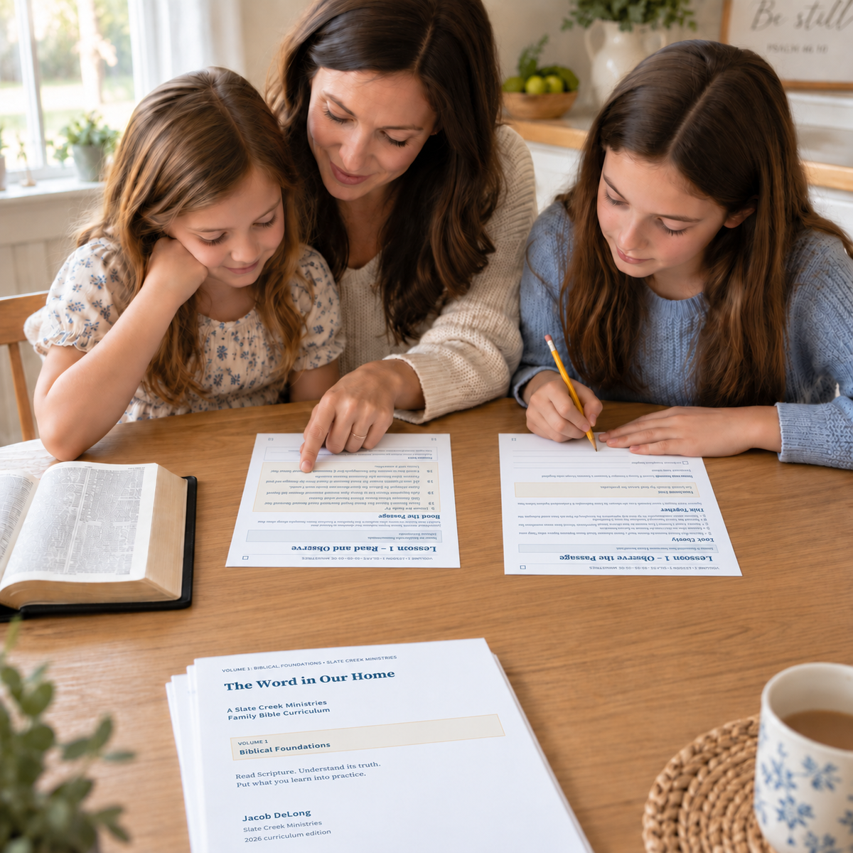 A mother and two daughters sit at a wooden table, working through Bible study worksheets. The scene is brightly lit from a window in the background, with an open Bible and a coffee cup on the table in the foreground.