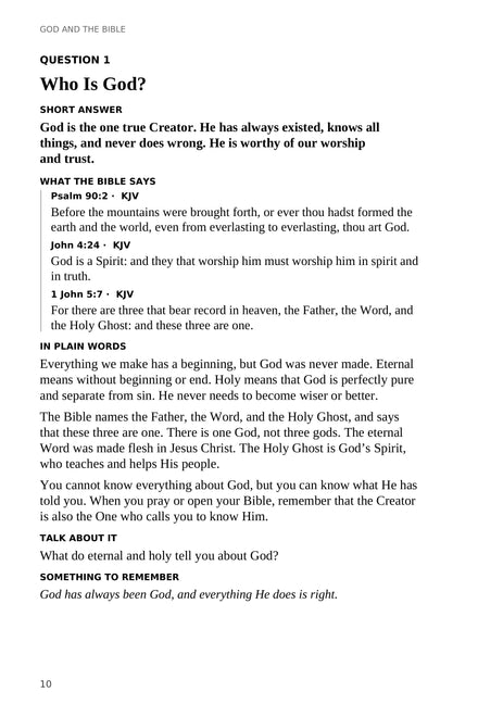 Actual PDF page sample from 100 Bible Questions Kids Ask: Who Is God?, with a short answer, KJV verses, explanation, and discussion.