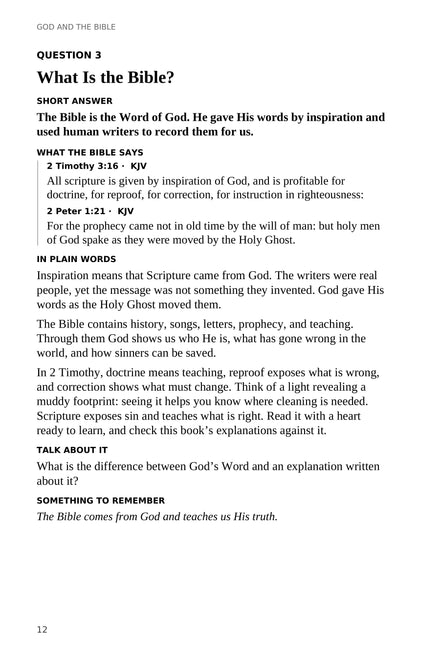 Actual PDF page sample from 100 Bible Questions Kids Ask: What Is the Bible?, with KJV passages, explanation, and a discussion question.