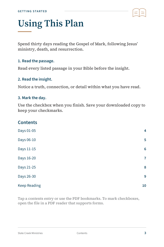 Actual guide to using the free Mark reading plan.