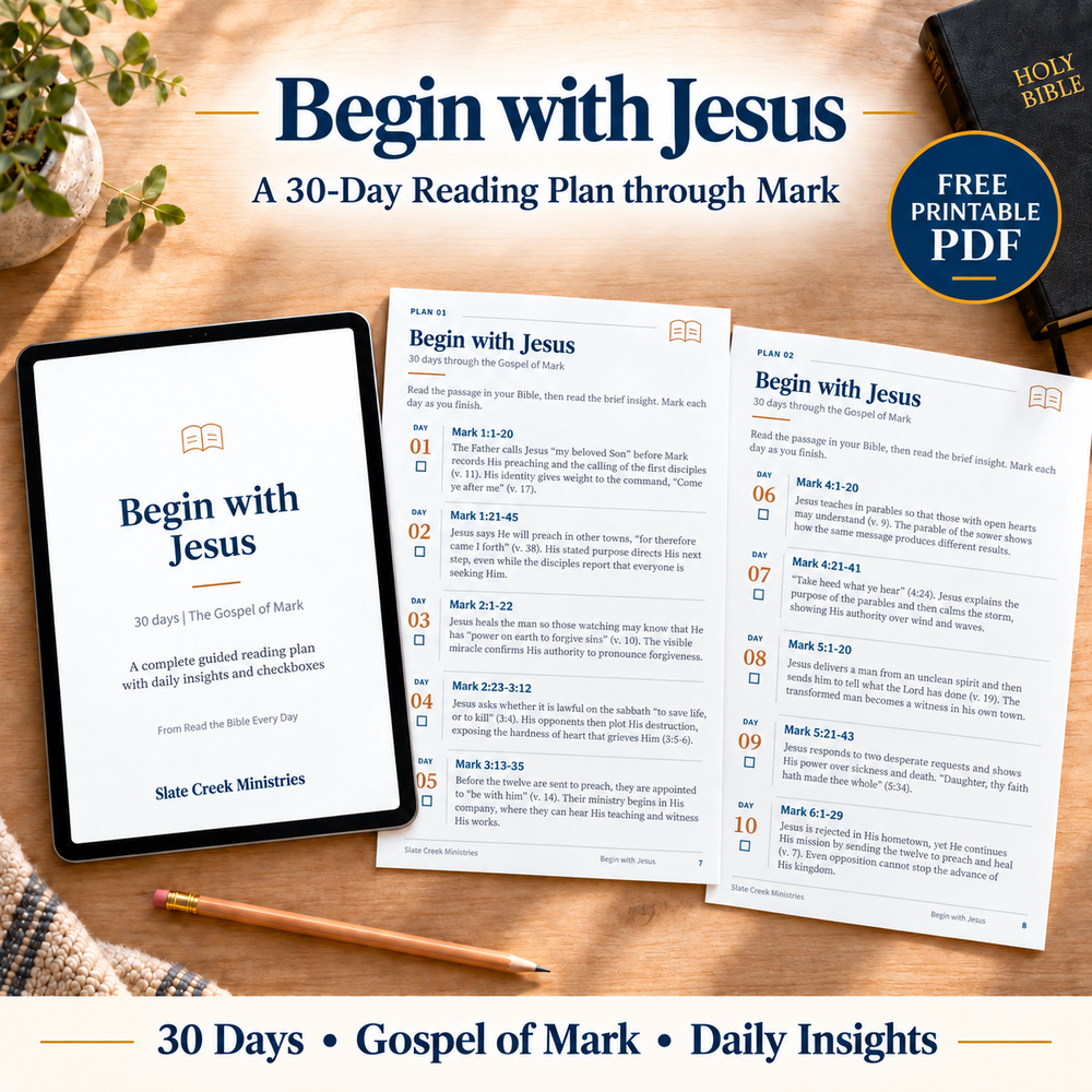Begin with Jesus — free 30-day Gospel of Mark reading plan with daily insights and checkboxes, shown on a tablet with printed pages.