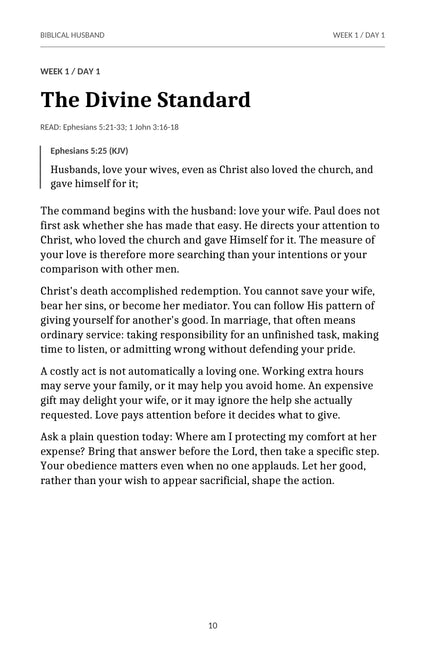 Actual PDF page sample from Biblical Husband: Day 1, The Divine Standard, with Ephesians 5:25 KJV and the lesson reading.