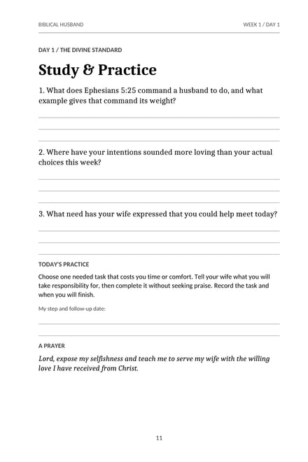 Actual PDF page sample from Biblical Husband: Day 1 study questions, writing space, practical action, and suggested prayer.
