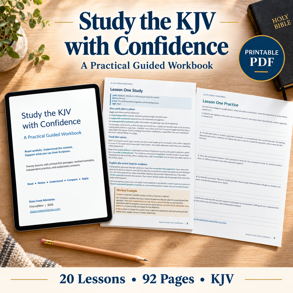 Study the KJV with Confidence, a printable PDF workbook shown on a tablet with sample teaching and practice pages. 20 lessons, 92 pages.
