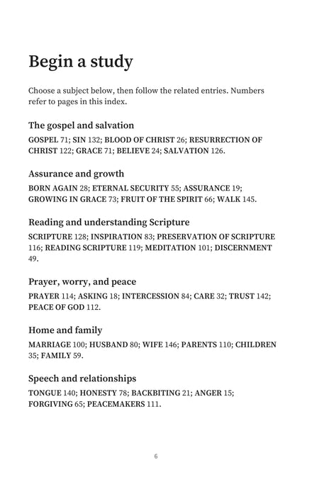 Actual PDF page sample from the KJV Reader's Topical Index: starting routes for salvation, Scripture, prayer, family, and relationships.