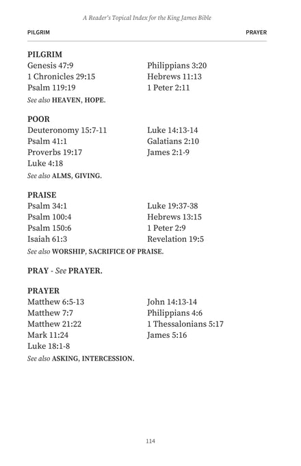 Actual PDF page sample from the KJV Reader's Topical Index: Pilgrim, Poor, Praise, and Prayer entries with references and related topics.