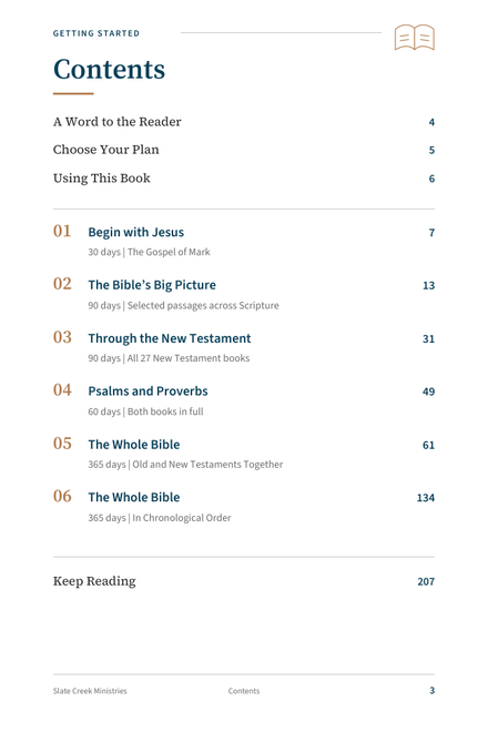 Actual contents page showing all six reading plans.
