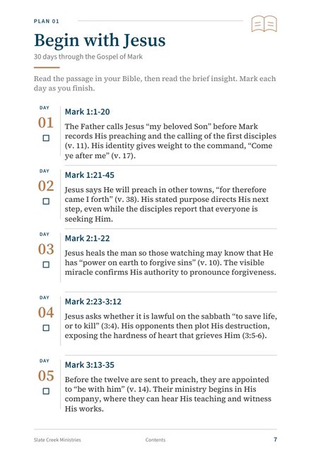 Actual daily reading page: Days 1–5 of the Mark plan, with insights and checkboxes.