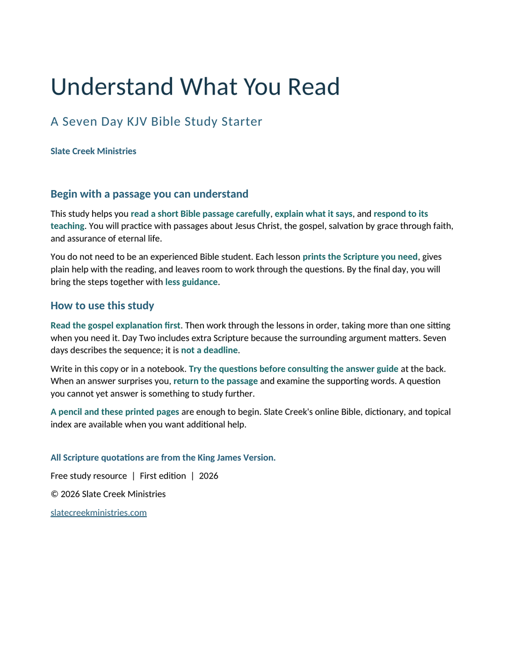 Understand What You Read, a seven-day KJV Bible study starter by Slate Creek Ministries.