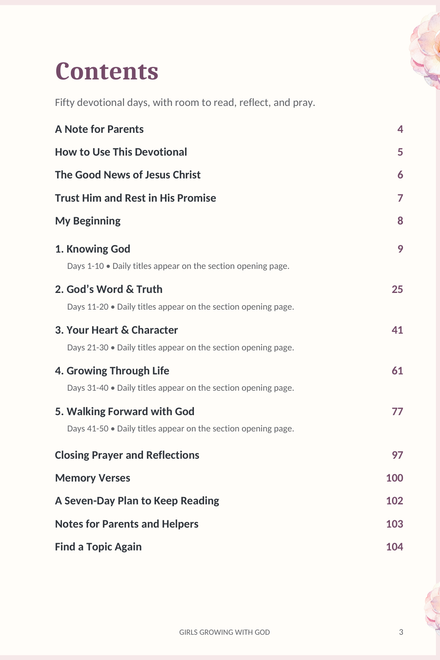Contents of the revised Girls Growing with God PDF, listing its five sections and resources through page 104.