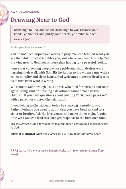 Day 1, Drawing Near to God, from the revised printable PDF: James 4:8, practical action, reflection space, and prayer.