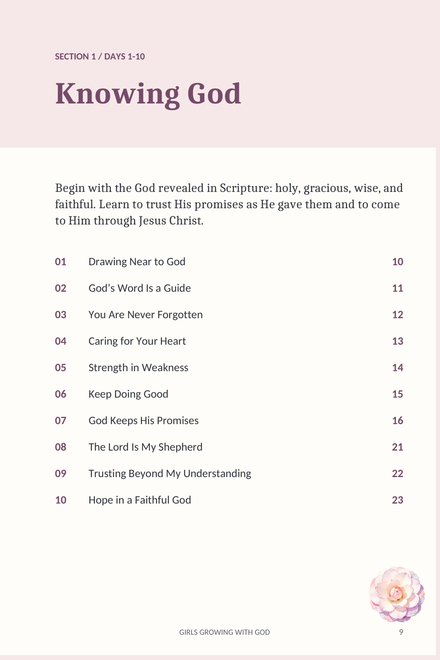 Knowing God section opener from the revised PDF, with the ten daily readings and page numbers.