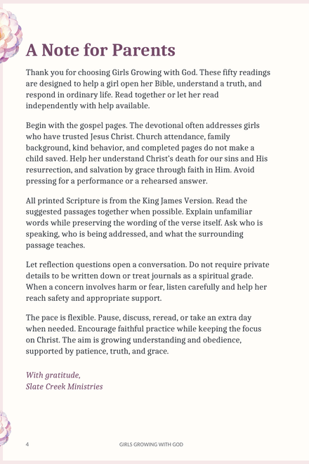 A Note for Parents from the revised Girls Growing with God printable devotional.