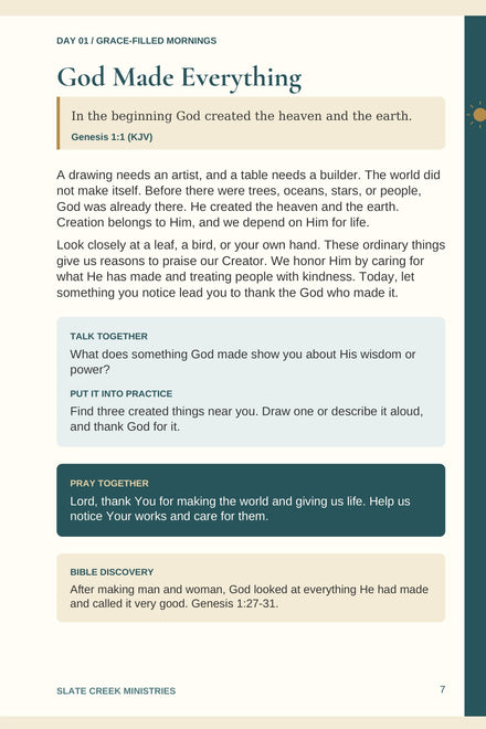 Actual revised PDF page: Day 1, God Made Everything, with Genesis 1:1, family discussion, a practical activity, prayer, and a Bible discovery.