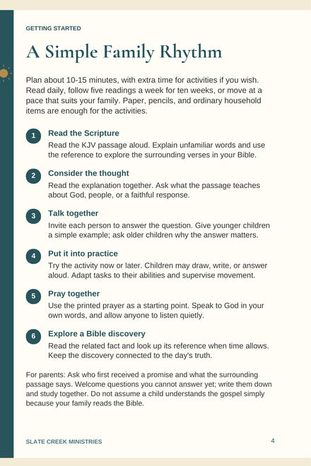 Revised PDF sample: six simple steps for reading Scripture, talking, practicing, praying, and exploring a Bible discovery together.