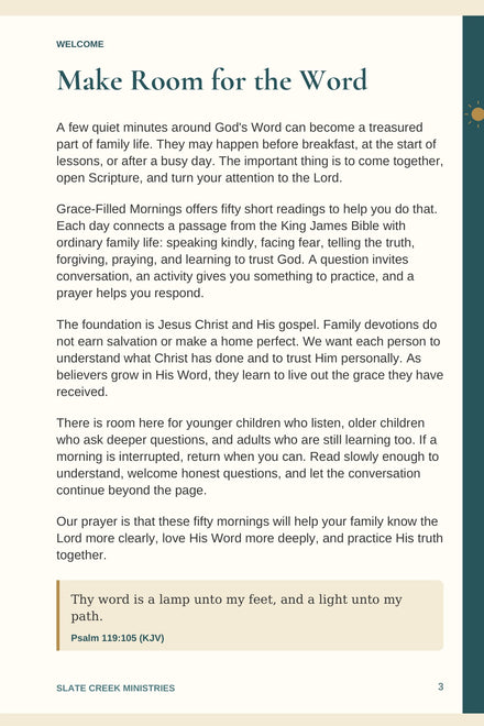 Revised PDF sample: Make Room for the Word, the family welcome to Grace-Filled Mornings.