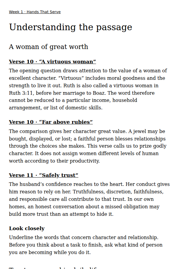 Revised EPUB passage study with links back to Proverbs 31 and the Week 1 menu.
