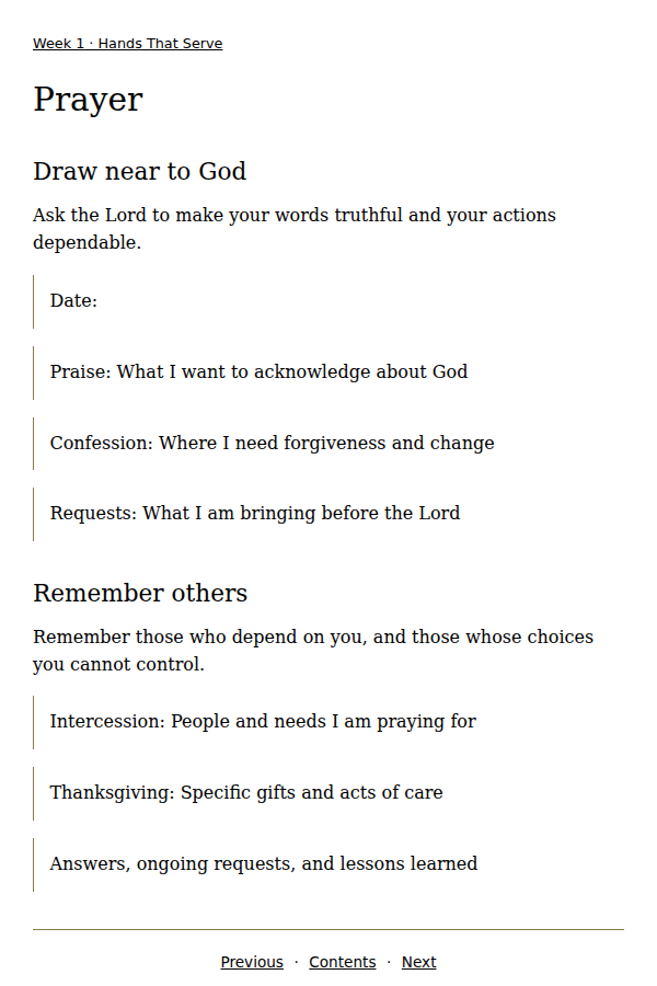 Revised EPUB prayer prompts with Previous, Contents, and Next navigation.