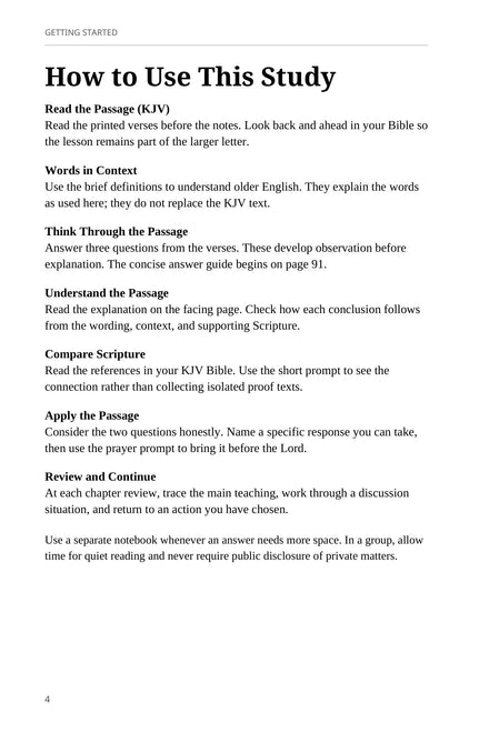 Revised James PDF, page 4: How to Use This Study, explaining the seven study components.