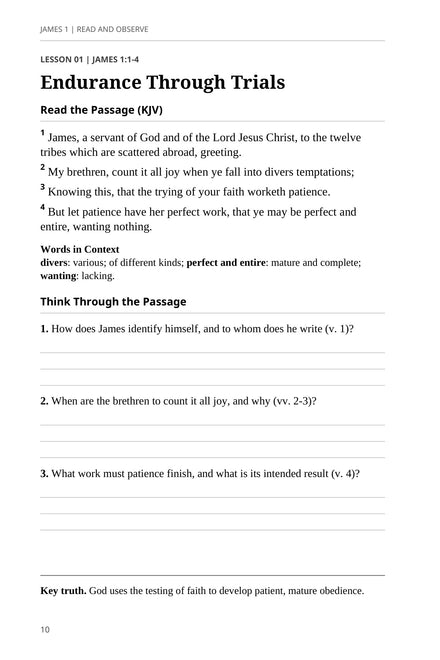 Revised James PDF, page 10: Lesson 1, Endurance Through Trials, with James 1:1–4 KJV, word helps, and observation questions.