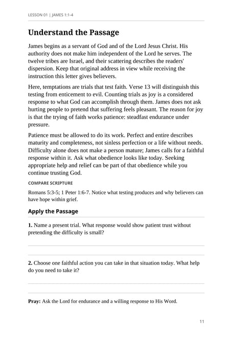 Revised James PDF, page 11: Lesson 1 explanation, Scripture comparisons, practical application, and prayer.