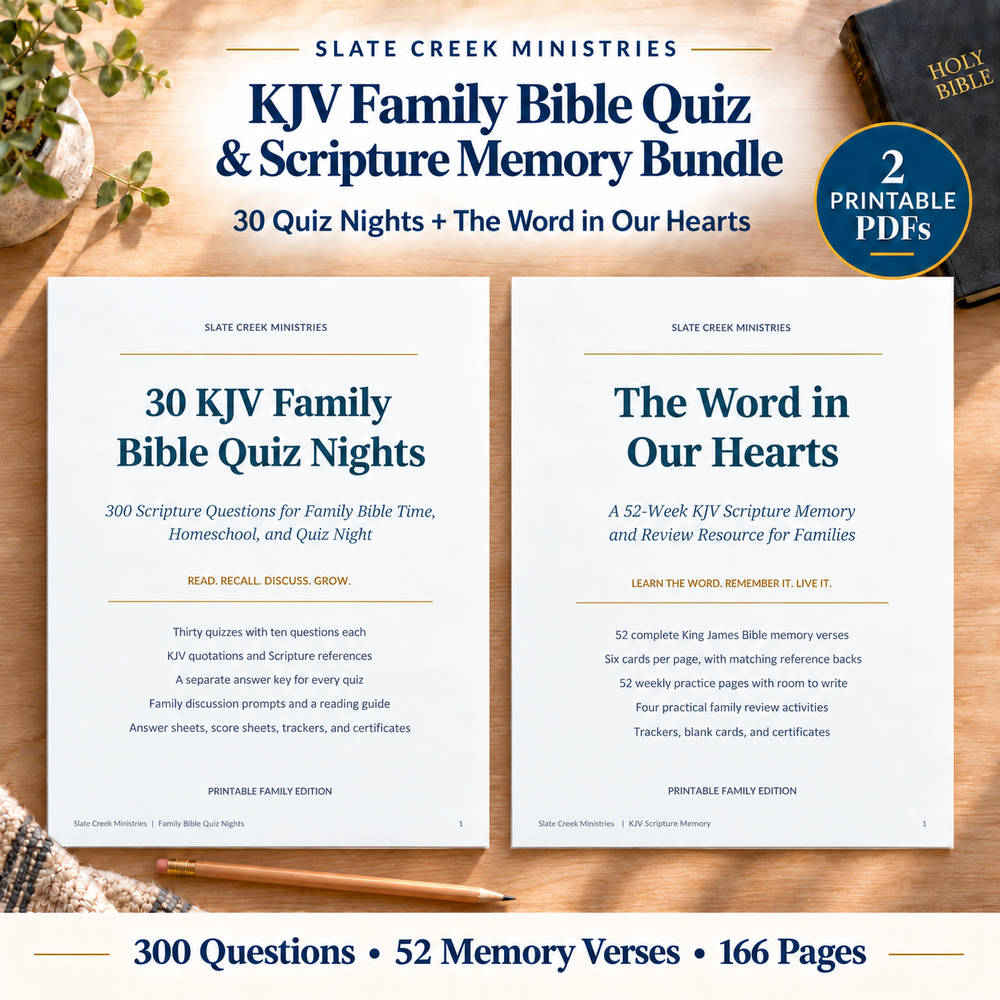 KJV Family Bible Quiz and Scripture Memory Bundle with the current covers side by side. Two printable PDFs with 300 questions, 52 memory verses, and 166 pages.