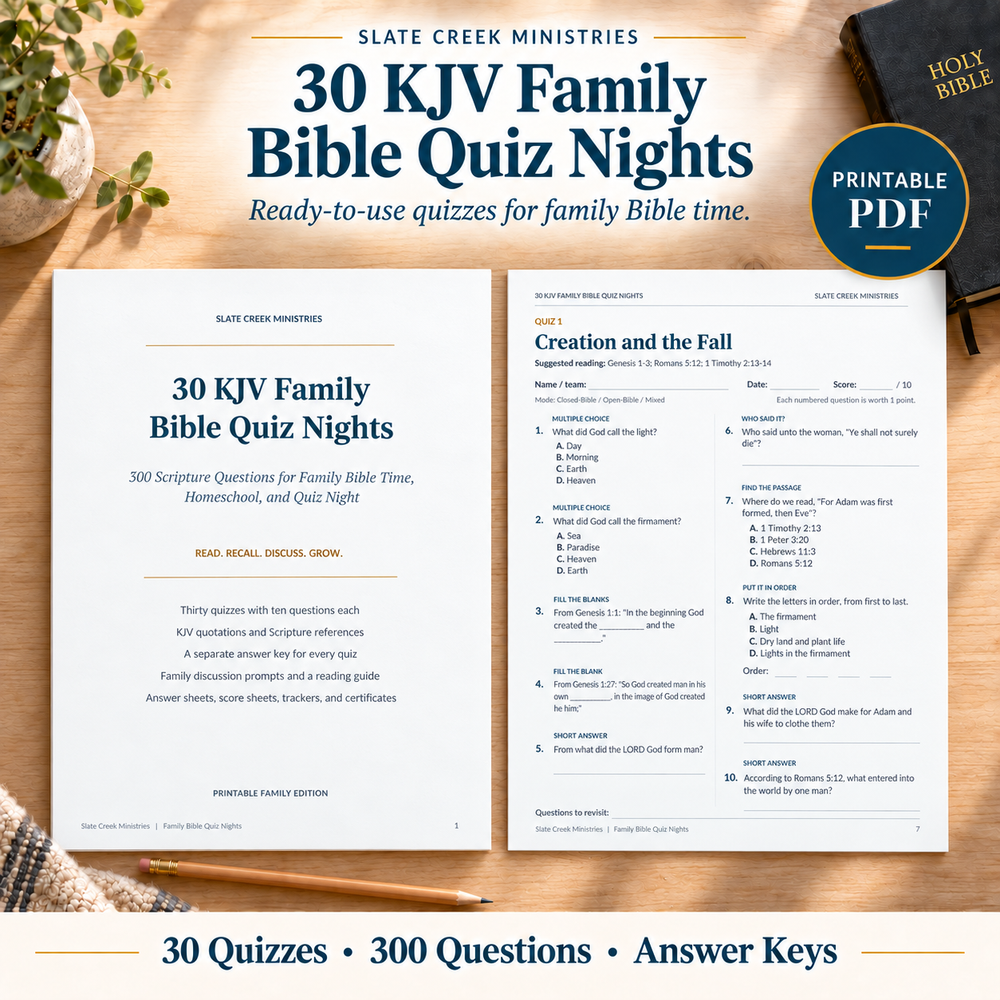 30 KJV Family Bible Quiz Nights printable PDF, showing the revised cover and Creation and the Fall question page in a straight overhead layout. 30 quizzes, 300 questions, and answer keys.