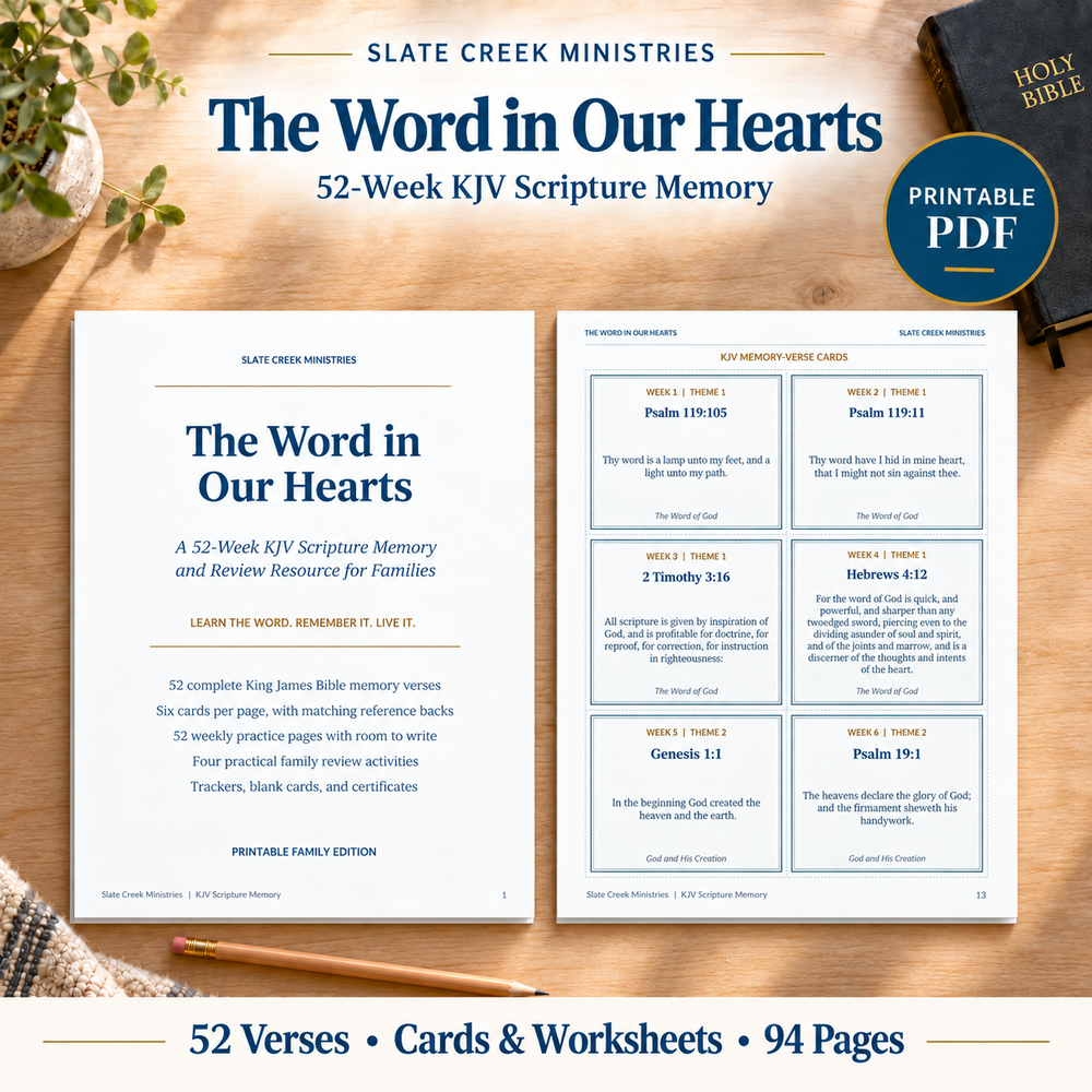 The Word in Our Hearts printable PDF cover and six KJV memory cards on a light wood table: 52 verses, cards and worksheets, 94 pages.